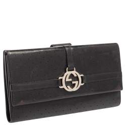 Gucci Black Perforated Leather Interlocking GG Continental Wallet 
