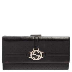 Gucci Black Perforated Leather Interlocking GG Continental Wallet 