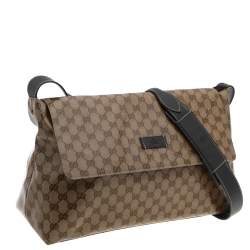 Pre Owned Gucci Beige/Brown GG Crystal Canvas And Leather Flap Messenger Bag