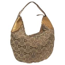Pre Owned Gucci Beige/Gold Horsebit Canvas And Leather Glam Hobo