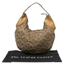 Pre Owned Gucci Beige/Gold Horsebit Canvas And Leather Glam Hobo