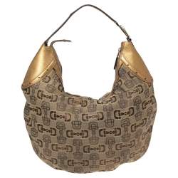 Pre Owned Gucci Beige/Gold Horsebit Canvas And Leather Glam Hobo