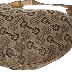 Pre Owned Gucci Beige/Gold Horsebit Canvas And Leather Glam Hobo