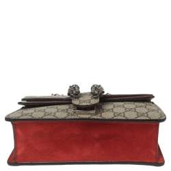Pre Owned Gucci Red/Beige GG Supreme Canvas and Suede Mini Dionysus Shoulder Bag