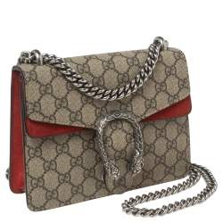 Pre Owned Gucci Red/Beige GG Supreme Canvas and Suede Mini Dionysus Shoulder Bag