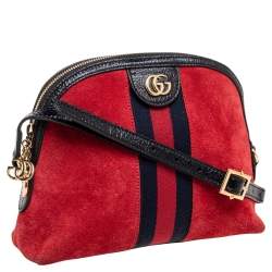 Pre Owned Gucci Red/Black Leather And Suede Small Ophidia Shoulder Bag