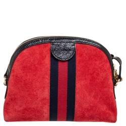Pre Owned Gucci Red/Black Leather And Suede Small Ophidia Shoulder Bag