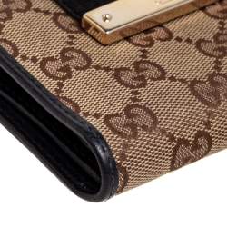 Pre Owned Gucci Beige/Black GG Canvas and Leather Web Flap French Wallet