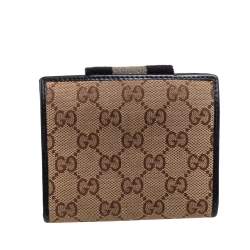 Pre Owned Gucci Beige/Black GG Canvas and Leather Web Flap French Wallet