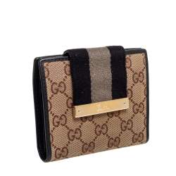 Pre Owned Gucci Beige/Black GG Canvas and Leather Web Flap French Wallet