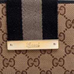 Pre Owned Gucci Beige/Black GG Canvas and Leather Web Flap French Wallet