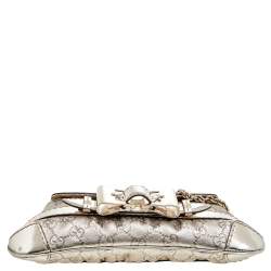 Pre Owned Gucci Metallic Gold Guccissima Leather Queen Bow Chain Clutch