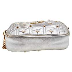Pre Owned Gucci Metallic Silver Pearl Studded Matelassé Leather GG Marmont Shoulder Bag