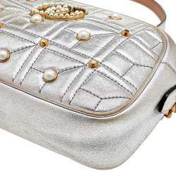 Pre Owned Gucci Metallic Silver Pearl Studded Matelassé Leather GG Marmont Shoulder Bag