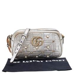 Pre Owned Gucci Metallic Silver Pearl Studded Matelassé Leather GG Marmont Shoulder Bag