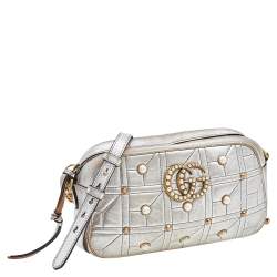 Pre Owned Gucci Metallic Silver Pearl Studded Matelassé Leather GG Marmont Shoulder Bag