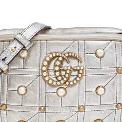 Pre Owned Gucci Metallic Silver Pearl Studded Matelassé Leather GG Marmont Shoulder Bag