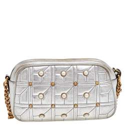 Pre Owned Gucci Metallic Silver Pearl Studded Matelassé Leather GG Marmont Shoulder Bag