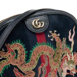 Pre Owned Gucci Black Leather And Suede Small Ophidia Dragon Embroidered Shoulder Bag