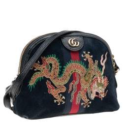 Pre Owned Gucci Black Leather And Suede Small Ophidia Dragon Embroidered Shoulder Bag
