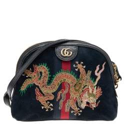 Pre Owned Gucci Black Leather And Suede Small Ophidia Dragon Embroidered Shoulder Bag