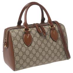 Pre Owned Gucci Beige/Brown GG Supreme Canvas and Leather Boston Bag