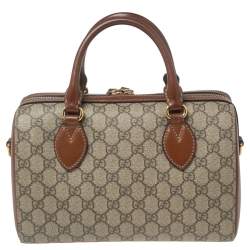 Pre Owned Gucci Beige/Brown GG Supreme Canvas and Leather Boston Bag
