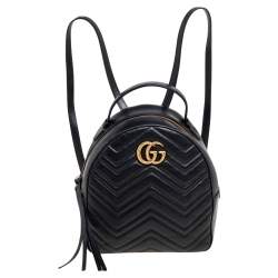 Pre Owned Gucci Black Matelassé Leather GG Marmont Backpack