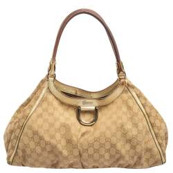 Pre Owned Gucci Gold/Beige GG Canvas And Leather Abbey D-Ring Shoulder Bag