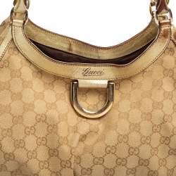 Pre Owned Gucci Gold/Beige GG Canvas And Leather Abbey D-Ring Shoulder Bag