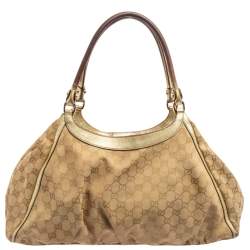 Pre Owned Gucci Gold/Beige GG Canvas And Leather Abbey D-Ring Shoulder Bag