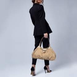 Pre Owned Gucci Gold/Beige GG Canvas And Leather Abbey D-Ring Shoulder Bag