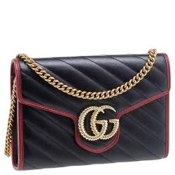 مملوكة مسبقًا Gucci Black/Red Leather GG Marmont Torchon Wallet On Chain