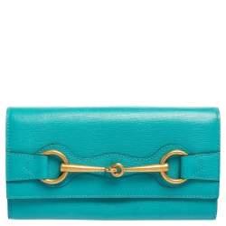 Pre Owned Gucci Turquoise Leather Horsebit Continental Wallet