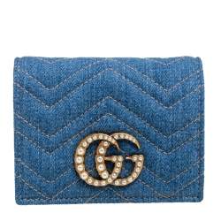 Gucci Blue Matelassé Denim and Leather GG Pearl Marmont Compact Wallet