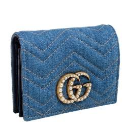 مملوكة مسبقًا Gucci Blue Matelassé Denim and Leather GG Pearl Marmont Compact Wallet