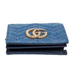 مملوكة مسبقًا Gucci Blue Matelassé Denim and Leather GG Pearl Marmont Compact Wallet