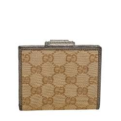 Gucci Beige/Pewter GG Canvas and Leather D Ring Compact Wallet