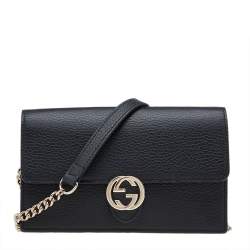 Gucci Black Leather Interlocking G Wallet on Chain