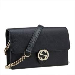 Gucci Black Leather Interlocking G Wallet on Chain