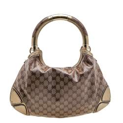 Pre Owned Gucci Beige/Gold GG Crystal Canvas and Leather Medium Babouska Indy Hobo