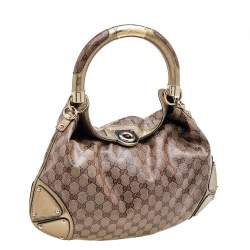 Pre Owned Gucci Beige/Gold GG Crystal Canvas and Leather Medium Babouska Indy Hobo