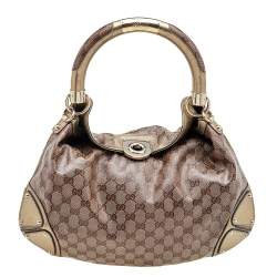 Pre Owned Gucci Beige/Gold GG Crystal Canvas and Leather Medium Babouska Indy Hobo