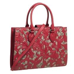 Pre Owned Gucci Red/Beige GG Supreme Canvas Arabesque Tote