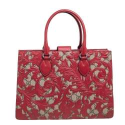 Pre Owned Gucci Red/Beige GG Supreme Canvas Arabesque Tote
