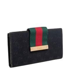 Pre Owned Gucci Black GG Canvas and Leather Web Flap Continental Wallet