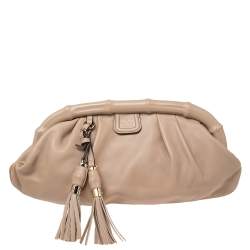 Pre Owned Gucci Beige Leather Bamboo Frame Tassel Clutch