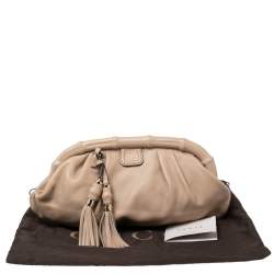 Pre Owned Gucci Beige Leather Bamboo Frame Tassel Clutch