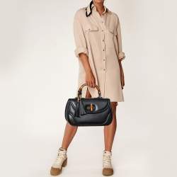 Pre Owned Gucci Black Leather New Bamboo Tassel Top Handle Bag