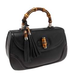 Pre Owned Gucci Black Leather New Bamboo Tassel Top Handle Bag